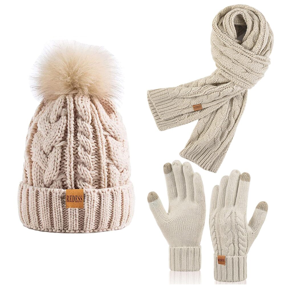 8043 Winter Knitted Beanie Hat Warm Fleece Lined with Pompom Cap Thick